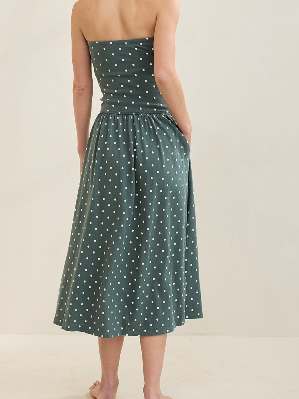 American Eagle Outfitters Strapless Forest Green Polka Dot Midi Dress - Picture 2 of 10